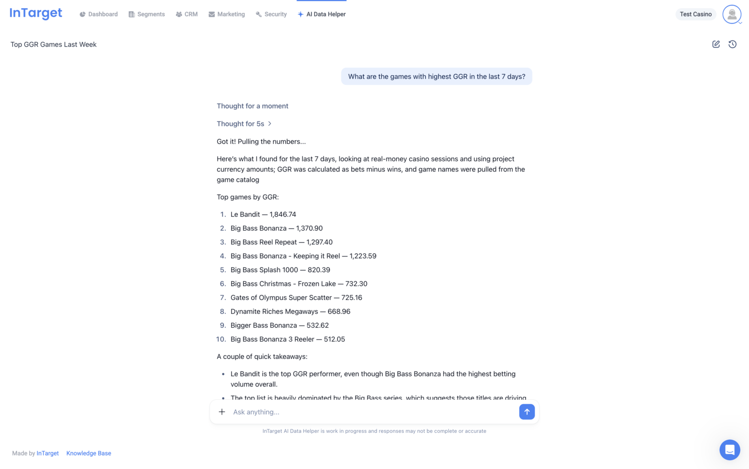 InTarget AI Data Helper answering a plain-language question about first-time depositors from live CRM data