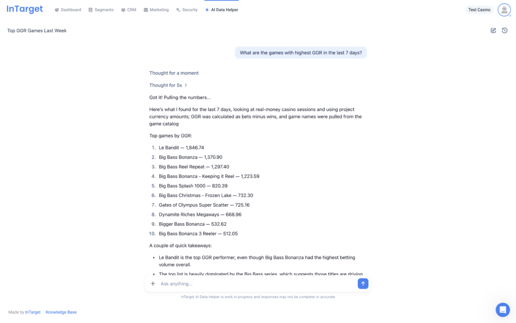 InTarget AI Data Helper turning a player-data query into a saved CRM segment