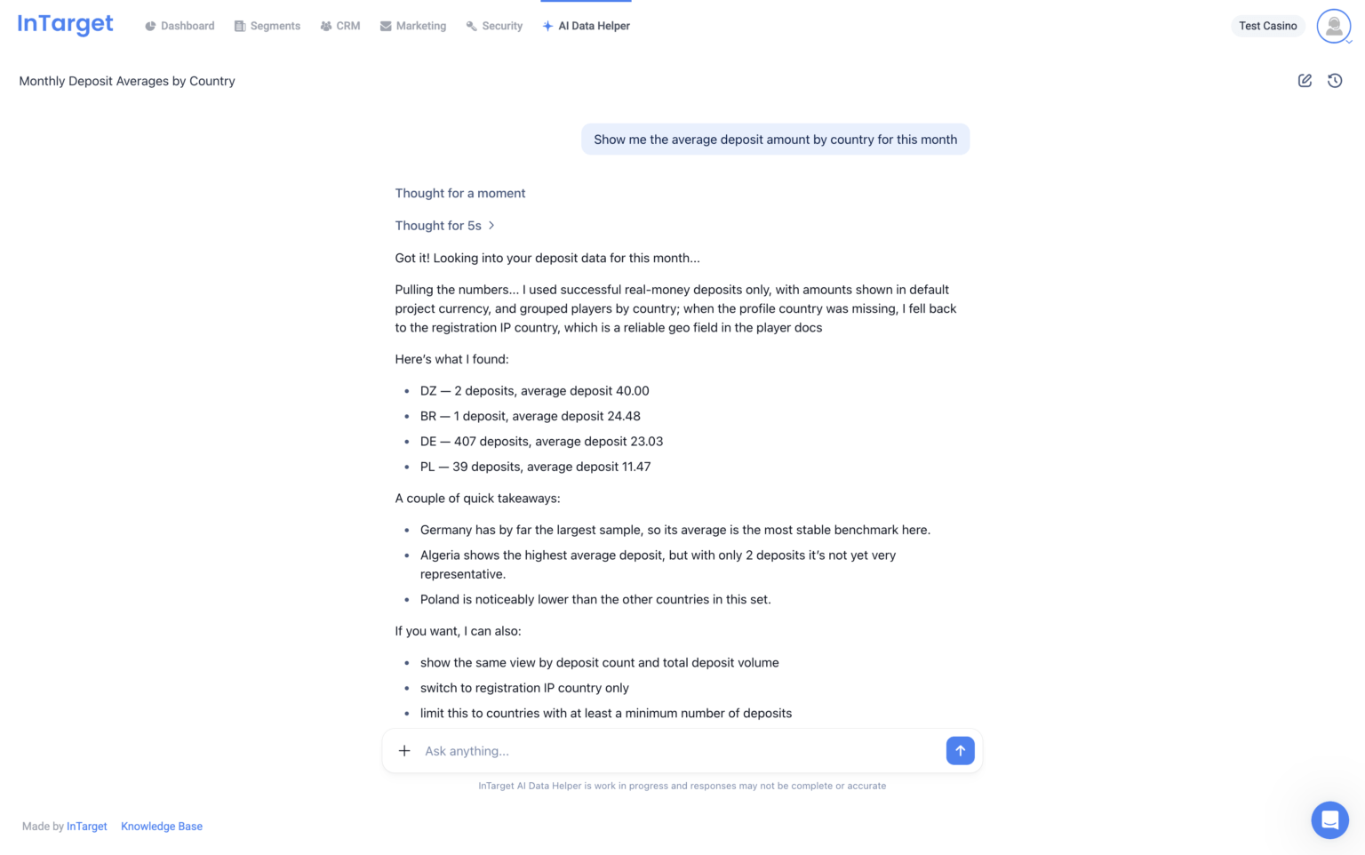 InTarget AI Data Helper built for iGaming CRM managers to query player data without SQL