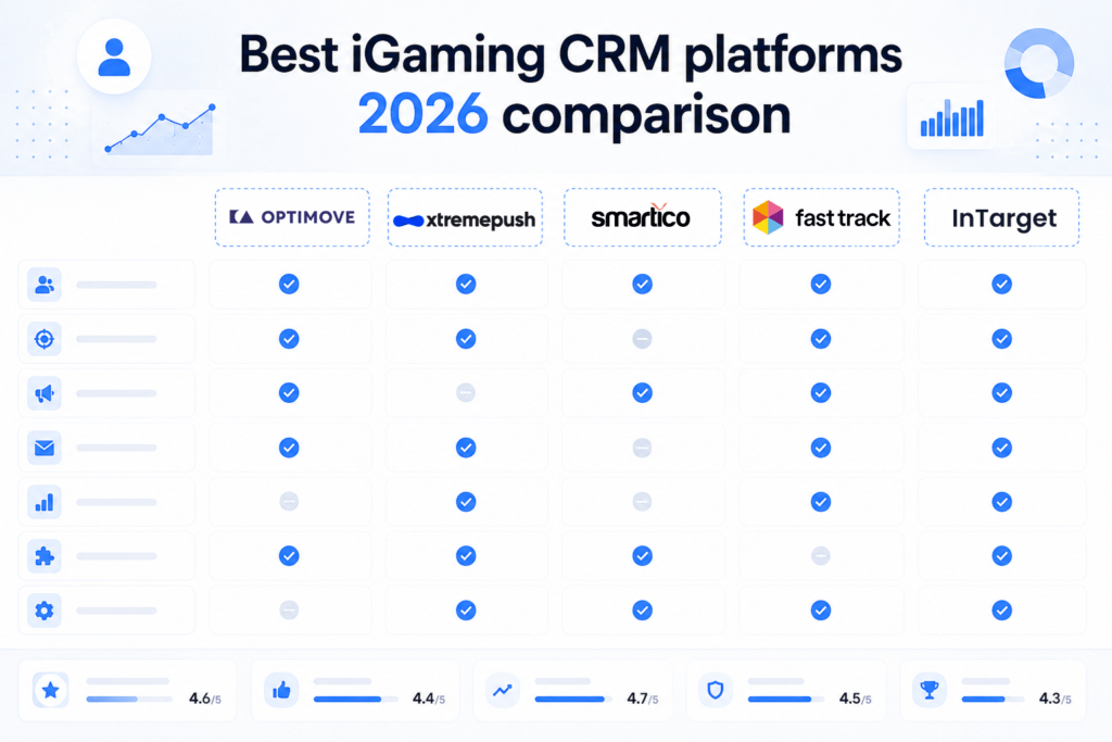Best iGaming CRM platforms 2026 comparison — Optimove, Fast Track, InTarget, Smartico, Xtremepush